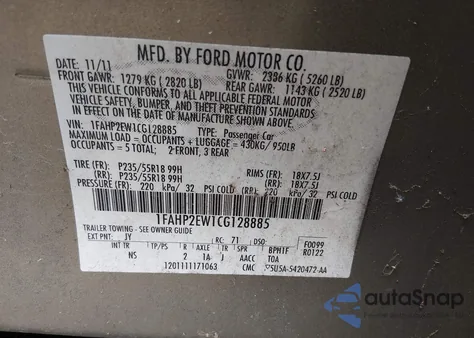 2012 Ford Taurus Sel from USA, damaged, VIN 1FAHP2EW1CG128885